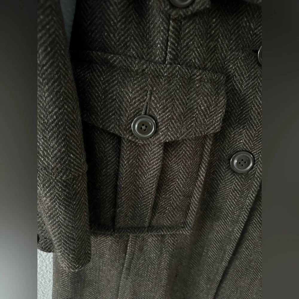 Military Style Olive Green Wool Blend Belted Coat - Picture 3 of 5